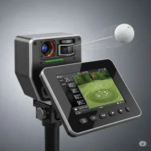 A close-up illustration of a sophisticated launch monitor device capturing ball data, a key component for any best in home golf simulator setup.