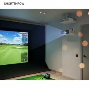 Image of a short-throw projector mounted close to a golf simulator screen, emphasizing its suitability for compact spaces and reducing shadows with the best projector for golf simulator.