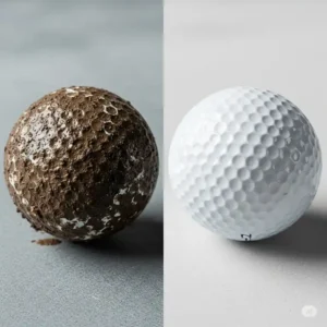 Side-by-side comparison showing a muddy golf ball next to a sparkling clean golf ball, highlighting the effectiveness of a golf ball cleaner. 