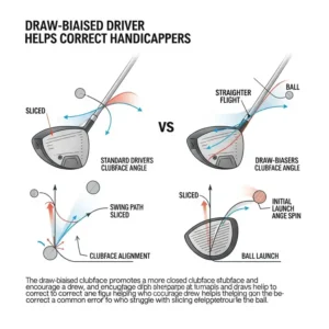 Diagram illustrating how a draw-biased golf driver, one of the best golf drivers for high handicappers, helps correct a slice and achieve a straighter ball flight path.
