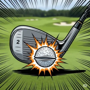 Dynamic illustration of a golf ball at the moment of impact with a 2 iron golf club, showing power transfer.