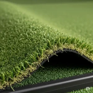 "Detailed view of the high-quality artificial turf on a golf hitting mat, emphasizing its realistic feel and durability."