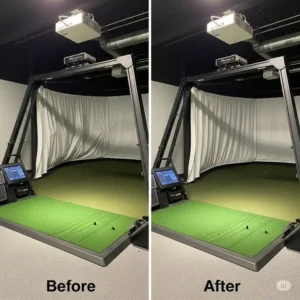 Comparison image showing golf simulator baffles sagging (before) and properly tensioned (after) with a repair.