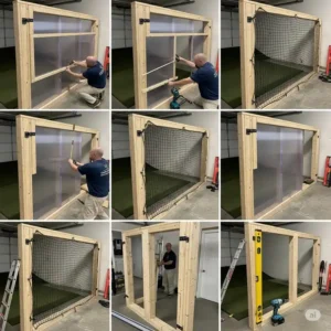 Attaching side panels and safety netting to a DIY golf simulator enclosure.