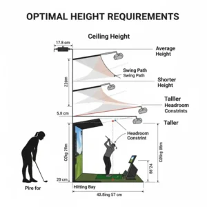 "Side view diagram of a golf simulator installation, with a person for scale, demonstrating ideal ceiling height for a golf simulator for various golfers."