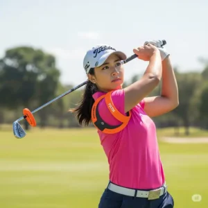 Golfer at the top of their backswing, showing proper arm position and swing plane using a path golf swing trainer.