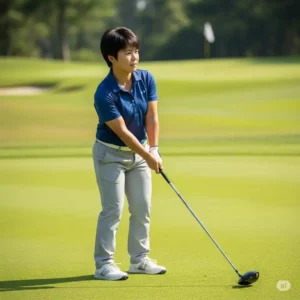"Image depicting a shorter golfer using a golf club properly sized for their golf club length by height, highlighting comfortable stance."