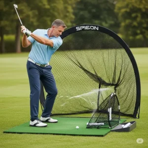 A golfer in full swing, hitting a ball into a golf net and mat, demonstrating effective home practice.