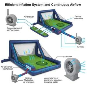 Diagram illustrating the efficient inflation system and continuous airflow of an inflatable golf simulator, ensuring quick setup and stability.