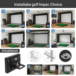 Visual guide showing various installation options for a retractable golf impact screen, including ceiling and wall mounts for versatile home golf setups.