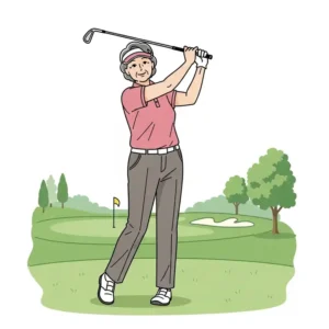 An illustration of a senior golfer demonstrating a smooth and controlled golf swing with an iron, focusing on proper technique for best rated golf irons for seniors.