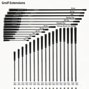 "An array of golf club shaft extensions, showing different materials like graphite and steel for various club types."
