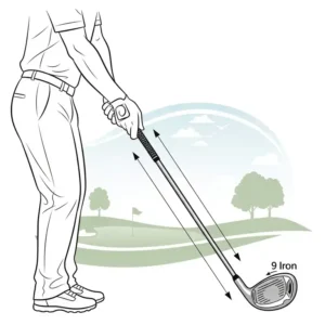 Illustration detailing the proper grip technique for optimal control when using a 9 iron golf club.