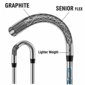 Detailed illustration of a graphite golf club shaft with a senior flex, highlighting its flexibility and lighter weight, essential for the **best golf club sets for seniors**.