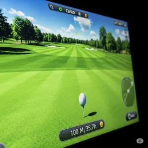 Close-up of a golf simulator screen displaying sharp graphics, illustrating the benefits of high resolution for a truly immersive golfing experience from the best projector for golf simulator.