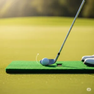 Proper setup for practicing chip shots on a golf chipping mat, demonstrating ball and club positioning.