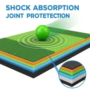 "Illustration of a golf ball impacting a golf hitting mat, showing the mat's shock absorption properties for joint protection."