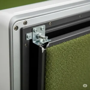 Detail shot of a problematic mounting point where a golf simulator baffle is sagging due to hardware failure.