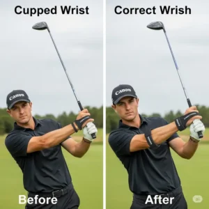 Before and after comparison showcasing the improvement in wrist position when using a golf wrist trainer versus an incorrect cupped wrist.