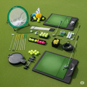 An illustration showing a golf swing analyzer sensor, useful for improving home golf practice.