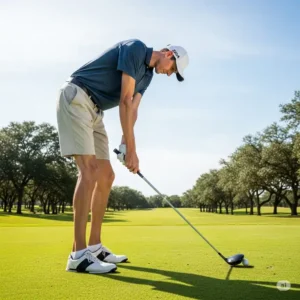 "Visual illustrating a tall golfer struggling with a too-short golf club, showing poor posture and an unbalanced swing due to incorrect golf club length by height."