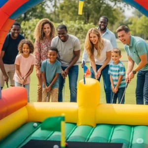 People of various ages, from children to adults, actively engaging with an inflatable golf simulator, demonstrating its appeal for all skill levels and family entertainment.