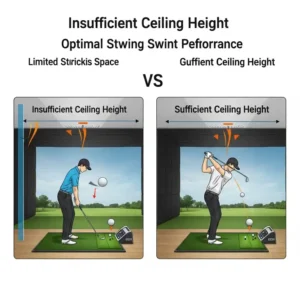 "Comparison diagram showing the difference between insufficient and sufficient ceiling height for a golf simulator swing."