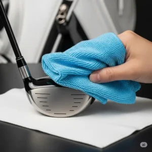 A soft microfiber towel wiping down a golf club head, illustrating the final step in a thorough golf club cleaning process.