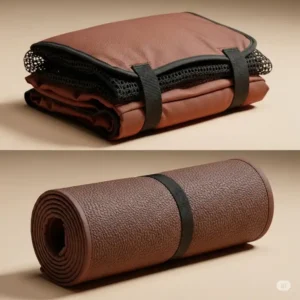 A compact, folded golf net and mat, highlighting their portability and ease of storage for on-the-go golf practice.