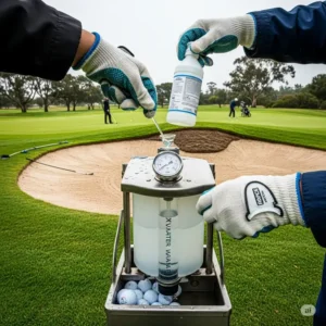 Hands refilling the reservoir of a golf ball cleaner with water or a specialized cleaning solution for optimal performance.
