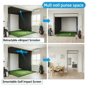 Illustration demonstrating how a retractable golf impact screen saves space by disappearing when not in use, perfect for multi-purpose rooms.