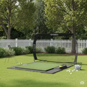 An outdoor scene showing a golf net and mat set up in a backyard, ideal for convenient home golf practice.