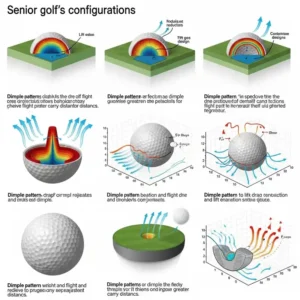 Illustration of various golf ball dimple patterns, demonstrating their impact on aerodynamics and flight for **best golf balls for seniors** seeking more carry.