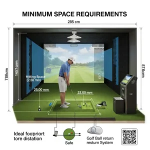 A diagram illustrating the minimum space requirements for an in-home golf simulator installation, helping users understand what they need for the best in home golf simulator setup.