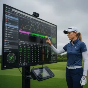 A professional golfer analyzing detailed swing metrics displayed on a large screen connected to an advanced best launch monitors for golf, indicating precise performance tracking.