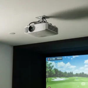 Photo of a projector securely mounted to the ceiling of a golf simulator room, showing a clean and professional installation for optimal projection of the best projector for golf simulator.