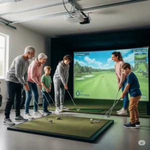 Screenshot of a realistic garage golf simulator software interface, displaying virtual golf courses and swing analysis data within a garage setting.