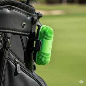 A convenient golf ball cleaner securely clipped to a golf bag, indicating its portability and accessibility during a round.