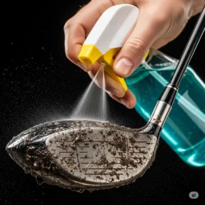 A hand spraying golf club cleaning solution onto a dirty golf club, highlighting a liquid cleaner's role in breaking down grime.