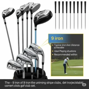Graphic displaying a complete golf club set, highlighting the position and purpose of the 9 iron.
