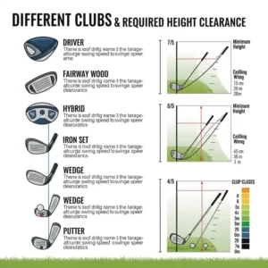 "Infographic detailing the different golf clubs and their respective required ceiling height for a golf simulator clearance."