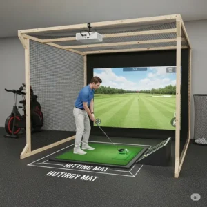 Proper placement of a hitting mat inside a DIY golf simulator enclosure.