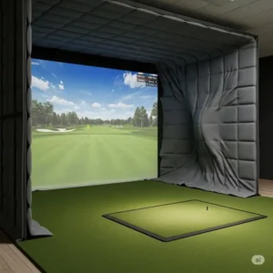 View of the golf simulator impact screen area with noticeable sagging in the surrounding baffles.