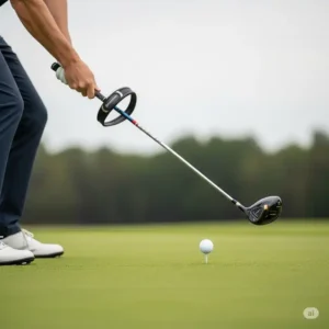 Golfer at impact, illustrating how a path golf swing trainer helps achieve a square clubface for solid ball contact.
