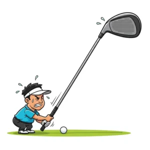 "An illustration of a short golfer using a golf club that is too long, resulting in an awkward setup and difficulty making solid contact due to incorrect golf club length by height."