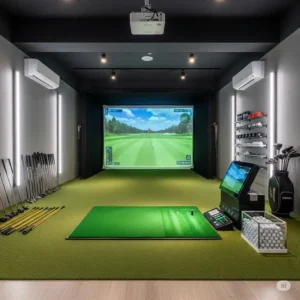 "An indoor golf setup featuring a premium golf hitting mat, perfect for year-round practice sessions."