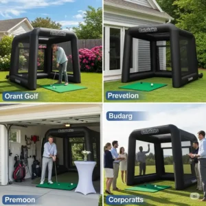 An inflatable golf simulator shown in diverse settings, including a backyard, garage, and a corporate event, emphasizing its versatility and portability.