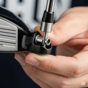 "A hand carefully inserting a golf club shaft extension into the club, demonstrating the installation process."