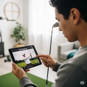 An illustration of someone learning to practice golf at home by watching an instructional video on a tablet.