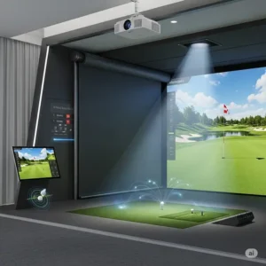 Illustration depicting a retractable golf impact screen seamlessly integrated with a golf simulator projector and launch monitor for an immersive experience.